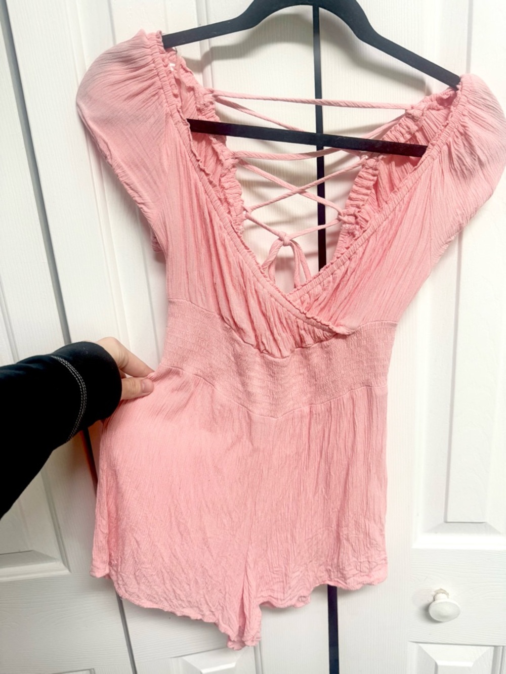 Derek Heart Pink Crinkle Lace-Up Back Romper
